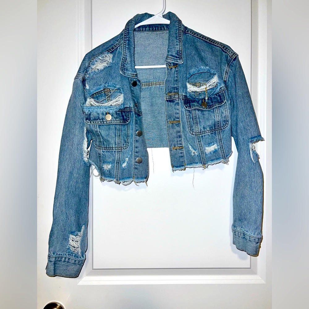 SHEIN Crop Top Distressed Jean/Denim Jacket